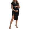 imageVerdusa Womens Maternity Twist Dolman Short Sleeve Split Ruched Midi Bodycon DressBlack