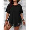 imageVerdusa Womens Plus Size Fringe Trim Half Sleeve Round Neck Tee Top Long T ShirtBlack