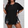 imageVerdusa Womens Plus Size Fringe Trim Half Sleeve Round Neck Tee Top Long T ShirtBlack