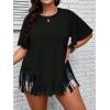imageVerdusa Womens Plus Size Fringe Trim Half Sleeve Round Neck Tee Top Long T ShirtBlack