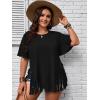 imageVerdusa Womens Plus Size Fringe Trim Half Sleeve Round Neck Tee Top Long T ShirtBlack