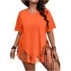 imageVerdusa Womens Plus Size Fringe Trim Half Sleeve Round Neck Tee Top Long T ShirtOrange