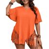 imageVerdusa Womens Plus Size Fringe Trim Half Sleeve Round Neck Tee Top Long T ShirtOrange