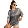 imageVerdusa Womens Plus Size Metallic T Shirt Drop Shoulder Oversized Tee TopGrey