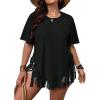 imageVerdusa Womens Plus Size Fringe Trim Half Sleeve Round Neck Tee Top Long T ShirtBlack