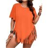 imageVerdusa Womens Plus Size Fringe Trim Half Sleeve Round Neck Tee Top Long T ShirtOrange