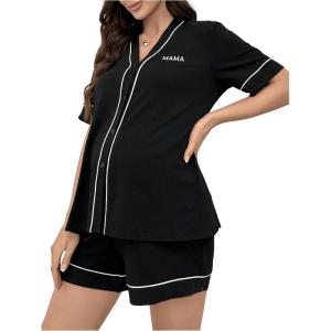 imageVerdusa Womens Maternity 2 Piece Pajama Sets Button Up Short Sleeve Shirt and ShortsBlack