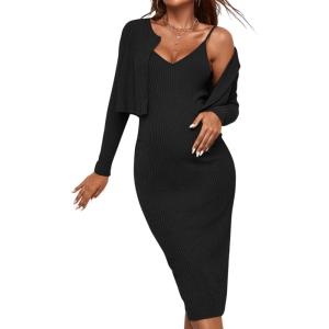 imageVerdusa Womens Maternity 2 Piece Rib Knit V Neck Long Cami Bodycon Dress and Long Sleeve CardiganBlack