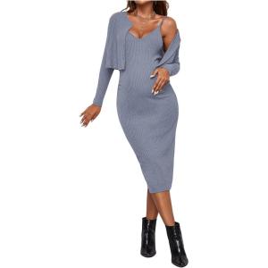 imageVerdusa Womens Maternity 2 Piece Rib Knit V Neck Long Cami Bodycon Dress and Long Sleeve CardiganLight Blue