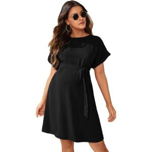 imageVerdusa Womens Maternity Batwing Sleeve Round Neck Short Tunic Dress with BeltBlack