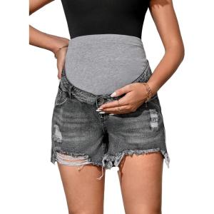 imageVerdusa Womens Maternity Denim Shorts High Waist Ripped Raw Hem Pregnancy Jeans ShortDark Grey
