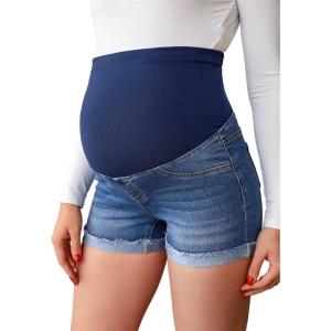 imageVerdusa Womens Maternity Denim Shorts High Waist Ripped Raw Hem Pregnancy Jeans ShortNavy Blue