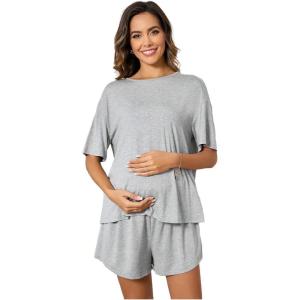 imageVerdusa Womens Maternity Pajama Set 2 Piece Drop Shoulder Top and Short Lounge SetsGrey