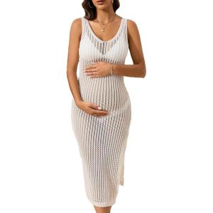 imageVerdusa Womens Maternity Split Thigh Scoop Neck Hollow Out Sheer Bikini Cover Up DressWhite