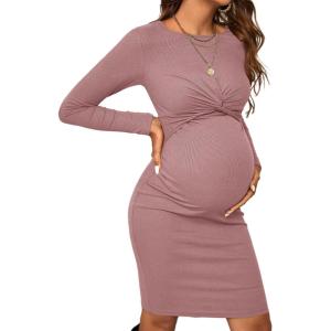 imageVerdusa Womens Maternity Twist Front Long Sleeve Round Neck Bodycon DressCut Out Dusty Pink