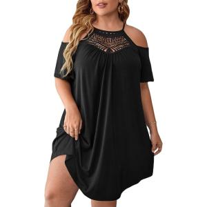 imageVerdusa Womens Plus Size Contrast Lace Cold Shoulder Short Sleeve Loose Tunic DressBlack