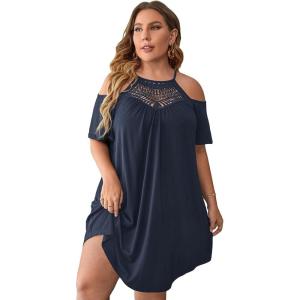 imageVerdusa Womens Plus Size Contrast Lace Cold Shoulder Short Sleeve Loose Tunic DressBlue