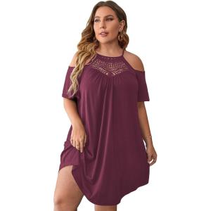 imageVerdusa Womens Plus Size Contrast Lace Cold Shoulder Short Sleeve Loose Tunic DressLight Burgundy