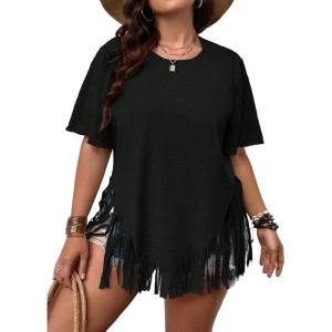 imageVerdusa Womens Plus Size Fringe Trim Half Sleeve Round Neck Tee Top Long T ShirtBlack