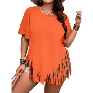 imageVerdusa Womens Plus Size Fringe Trim Half Sleeve Round Neck Tee Top Long T ShirtOrange