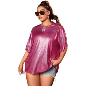 imageVerdusa Womens Plus Size Metallic T Shirt Drop Shoulder Oversized Tee TopHot Pink