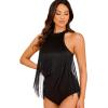 imageVerdusa Womens Fringe Trim Sleeveless Bodycon Halter Bodysuit TopBlack