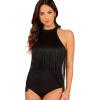 imageVerdusa Womens Fringe Trim Sleeveless Bodycon Halter Bodysuit TopBlack
