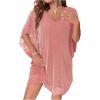 imageVerdusa Womens Plus Size Glitter Mesh Petal 34 Sleeve V Neck Short DressPink