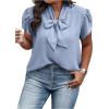 imageVerdusa Womens Plus Size Work Blouse Bow Tie Neck Petal Sleeve Blouse Office Work Shirt TopBlue