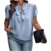 imageVerdusa Womens Plus Size Work Blouse Bow Tie Neck Petal Sleeve Blouse Office Work Shirt TopBlue