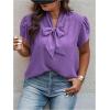 imageVerdusa Womens Plus Size Work Blouse Bow Tie Neck Petal Sleeve Blouse Office Work Shirt TopPurple