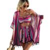imageVerdusa Womens 3 Piece Outfits Short Sleeve Open Front Kimono and Boho Cami Top and Tassel Trim Tropical Shorts SetPink