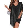 imageVerdusa Womens Plus Size Glitter Mesh Petal 34 Sleeve V Neck Short DressBlack