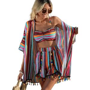 imageVerdusa Womens 3 Piece Outfits Short Sleeve Open Front Kimono and Boho Cami Top and Tassel Trim Tropical Shorts SetBlue