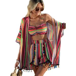 imageVerdusa Womens 3 Piece Outfits Short Sleeve Open Front Kimono and Boho Cami Top and Tassel Trim Tropical Shorts SetHot Pink