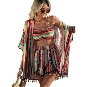 imageVerdusa Womens 3 Piece Outfits Short Sleeve Open Front Kimono and Boho Cami Top and Tassel Trim Tropical Shorts SetMulticolor