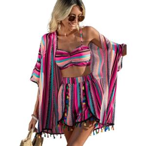 imageVerdusa Womens 3 Piece Outfits Short Sleeve Open Front Kimono and Boho Cami Top and Tassel Trim Tropical Shorts SetPink