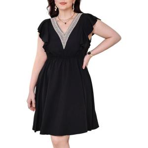imageVerdusa Womens Plus Size Contrast Lace V Neck Ruffle Cap Sleeve A Line Short DressBlack