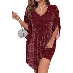 imageVerdusa Womens Plus Size Glitter Mesh Petal 34 Sleeve V Neck Short DressBurgundy