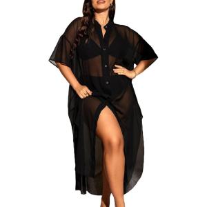 imageVerdusa Womens Plus Size Sheer Mesh Half Sleeve Loose Swimsuit Maxi Dress Cover UpBlack