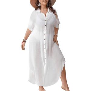 imageVerdusa Womens Plus Size Sheer Mesh Half Sleeve Loose Swimsuit Maxi Dress Cover UpSolid White