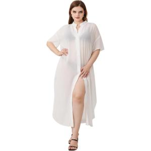 imageVerdusa Womens Plus Size Sheer Mesh Half Sleeve Loose Swimsuit Maxi Dress Cover UpWhite Soild