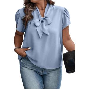 imageVerdusa Womens Plus Size Work Blouse Bow Tie Neck Petal Sleeve Blouse Office Work Shirt TopBlue