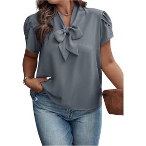 imageVerdusa Womens Plus Size Work Blouse Bow Tie Neck Petal Sleeve Blouse Office Work Shirt TopDusty Blue