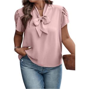 imageVerdusa Womens Plus Size Work Blouse Bow Tie Neck Petal Sleeve Blouse Office Work Shirt TopPink