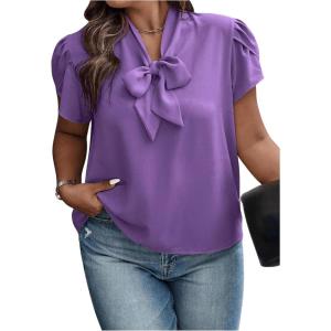 imageVerdusa Womens Plus Size Work Blouse Bow Tie Neck Petal Sleeve Blouse Office Work Shirt TopPurple