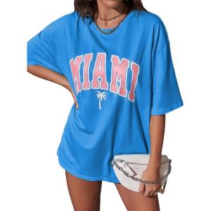 imageVerdusa Womens Summer Oversized Cute Shirt Graphic Print Short Sleeve Tunic Tops Casual Loose Drop Shoulder Crew Neck TeeBlue