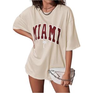imageVerdusa Womens Summer Oversized Cute Shirt Graphic Print Short Sleeve Tunic Tops Casual Loose Drop Shoulder Crew Neck TeeBurgundy and Khaki