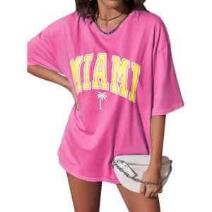 imageVerdusa Womens Summer Oversized Cute Shirt Graphic Print Short Sleeve Tunic Tops Casual Loose Drop Shoulder Crew Neck TeeHot Pink
