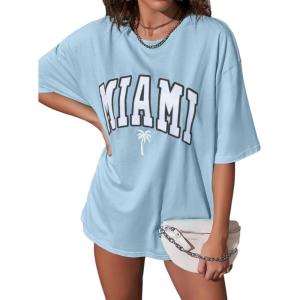 imageVerdusa Womens Summer Oversized Cute Shirt Graphic Print Short Sleeve Tunic Tops Casual Loose Drop Shoulder Crew Neck TeeLight Blue